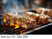Grilled Blue Marlin Swordfish Skewers on Barbecue with Smoke and Charred Texture. Стоковое AI-изображение, AI-художник Гайфуллина Дина / Фотобанк Лори