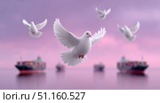 White doves flying over a tranquil harbor at dusk with cargo ships nearby. Стоковое AI-изображение, AI-художник Katsiaryna Repich / Фотобанк Лори
