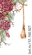 Roses pine dried flowers chain pendant history frame watercolor. Стоковая иллюстрация, иллюстратор Андрей Золотарев / Фотобанк Лори