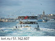 ISTANBUL, TURKEY - NOVEMBER 23, 2021: The Bosphorus Strait. A pleasure boat with tourists and a lot of seagulls. Редакционное фото, фотограф Наталия Кирсанова / Фотобанк Лори