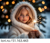 Новогодний портрет маленькой девочки с бенгальским огнем. Стоковое AI-изображение, AI-художник Наталья Чернова / Фотобанк Лори