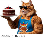 Рыжий кот в очках и фартуке держит тарелку с тортом. Стоковое AI-изображение, AI-художник Валерий Ячин / Фотобанк Лори