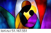 Vibrant stained glass window depicting maternal warmth, mother gently holding child, bathed in golden light, symbolizing unconditional love and nurturing bond. Стоковое AI-изображение, AI-художник Юрий Поздников / Фотобанк Лори