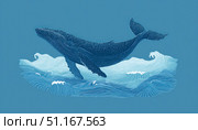 Blue whale breaking water surface, stylized ocean waves highlighting marine majesty, embodying wildlife power and serene natural beauty. Стоковое AI-изображение, AI-художник Юрий Поздников / Фотобанк Лори