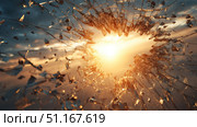 Broken glass fragments capturing sunset's light, revealing fragility and raw intensity against dramatic backlighting. Стоковое AI-изображение, AI-художник Юрий Поздников / Фотобанк Лори