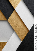 Geometric pattern featuring intersecting gold, white, black shapes, forming dynamic abstract design with layered textural elements and sophisticated visual depth. Стоковое AI-изображение, AI-художник Юрий Поздников / Фотобанк Лори