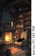 Black feline lounging comfortably on vintage armchair near crackling fireplace, surrounded by antique alchemy bottles, magical manuscripts, dimly lit workshop interior. Стоковое AI-изображение, AI-художник Юрий Поздников / Фотобанк Лори