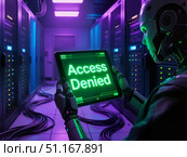 Робот в футуристическом дата-центре стоит с планшетом, на котором написано "Access Denied". / A robot in a futuristic data center stands with a tablet that says "Access Denied." Стоковое AI-изображение, AI-художник Валерий Лукин / Фотобанк Лори