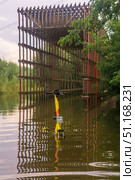 Electric kick scooter and wooden gallery above the bike path in the park, flooded after heavy rain. Редакционное фото, фотограф Евгений Харитонов / Фотобанк Лори
