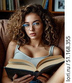 A girl with curly hair and glasses is reading a book on the couch. Стоковое AI-изображение, AI-художник Денис Глагазин / Фотобанк Лори