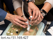 Крупный план рук, работающих с УЗИ-датчиком и шприцем на симуляторе органов, для отработки медицинских процедур (2022 год). Редакционное фото, фотограф Кирилл Сиротюк / Фотобанк Лори
