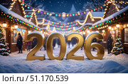 Золотые цифры 2026 на фоне Рожественской ярмарки. Стоковое AI-изображение, AI-художник Терехова Марина / Фотобанк Лори
