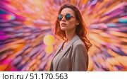 Confident woman stands confidently in front of a vibrant wall, wearing stylish sunglasses. Стоковое AI-видео, аниматор Данила Большаков / Фотобанк Лори