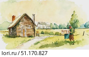 A charming wooden cabin stands peacefully surrounded by lush greenery and distant hills. Стоковое AI-видео, аниматор Данила Большаков / Фотобанк Лори