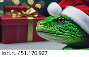 A green lizard in a festive Santa hat poses next to wrapped gifts during a holiday celebration. Стоковое AI-видео, аниматор Данила Большаков / Фотобанк Лори