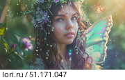 A fairy girl with butterfly wings shines in the magical sunlight of a lush forest. Стоковое AI-видео, аниматор Данила Большаков / Фотобанк Лори