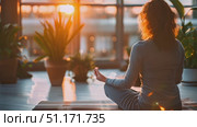 Practicing yoga indoors as the sun rises, surrounded by lush greenery and a tranquil atmosphere. Стоковое AI-видео, аниматор Данила Большаков / Фотобанк Лори