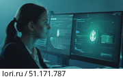A cybersecurity professional works diligently on multiple screens, identifying network vulnerabilities in a dimly lit environment. Стоковое AI-видео, аниматор Данила Большаков / Фотобанк Лори