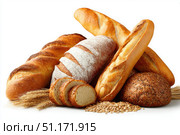 Assortment of Baked bread. Loaf of Bread. Fresh Bakery Products. Healthy Food Concept. Top View. Homemade Sourdough Bread Variety with Flour on a White Background. Wheat Spikes. Close Up. Advertising. Стоковое AI-изображение, AI-художник Марина Демидюк / Фотобанк Лори