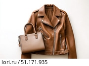 Brown leather jacket with zippers and pockets and Brown leather stylish bag. Modern outerwear. Close-up. Fashion background. Autumn urban street clothes. Fashionable concept. Women's casual day outfit. Стоковое AI-изображение, AI-художник Марина Демидюк / Фотобанк Лори