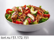 Grilled chicken salad with avocado and tomatoes in a white bowl on a light background, top view, flat lay. Healthy food idea. Concept for healthy eating, weight loss, or body-building advertising. Стоковое AI-изображение, AI-художник Марина Демидюк / Фотобанк Лори