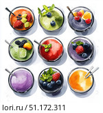 Various fresh smoothies displayed in colorful bowls with vibrant fruits. Стоковое AI-изображение, AI-художник Татьяна  Бральнина / Фотобанк Лори