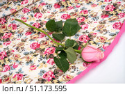 Pink single rose on floral fabric, romantic still life composition. Стоковое фото, фотограф Елена  Попкова / Фотобанк Лори