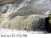 A turbulent stream of water, rapidly falling from a stone surface. The water foams, forming a powerful stream with splashes and drops that shimmer in the light. Dark stones covered with moss and moisture create a contrast with the golden-white foam of the water. The photo conveys the power and energy of nature, the dynamics of movement and the elements of the water flow. Perfect for themes of nature, water, energy, elemental power, textures and natural landscapes. Стоковое фото, фотограф Анна Кривицкая / Фотобанк Лори
