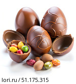 Plentiful chocolate eggs with intricate designs, some cracked open to reveal vibrant, candy-coated chocolates. Perfect treat for a joyful spring festivity. Стоковое AI-изображение, AI-художник Ольга Игнашина / Фотобанк Лори