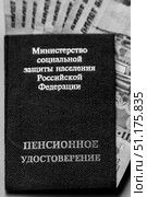 Russian pension certificate and currency (banknotes).Russian translation - Ministry of Social Protection of Population of Russian Federation. Pension Certificate. Стоковое фото, фотограф Denis Vostrikov / Фотобанк Лори