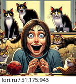 An exuberant woman with large, excited eyes and an open-mouthed smile engages with a group of playful cats. The scene unfolds in a kitchen, with cabinets as the backdrop and yarn balls scattered around, adding to the playful yet orderly setting. Стоковое AI-изображение, AI-художник Андрей Ка / Фотобанк Лори