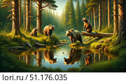 Group of bears interacts at a reflective pond amidst dense trees, vibrant foliage, and tranquil surroundings. calm, natural habitat showcases wildlife harmony. Стоковое AI-изображение, AI-художник Андрей Ка / Фотобанк Лори