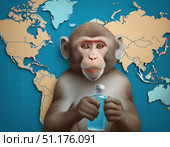 Monkey grasping bottle with blue liquid. background featuring a labeled world map. symbolizing scientific experiments, international research, medical discoveries, advancements in biological studies. Стоковое AI-изображение, AI-художник Андрей Ка / Фотобанк Лори