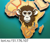 Detailed geographic depiction showing transmission of monkeypox virus across africa. central illustrative monkey face signifies origin and spread areas. Стоковое AI-изображение, AI-художник Андрей Ка / Фотобанк Лори