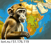 Monkeypox virus. Mpox, mpxv, mpx. A monkey positioned before a brightly colored map illustrates the transmission and impact of zoonotic diseases, emphasizing the health risks in various African areas. Стоковое AI-изображение, AI-художник Андрей Ка / Фотобанк Лори