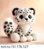 A photo of a cute plush snow leopard toy with big, round eyes and a fluffy, spotted tail, placed on a soft peach background. Perfect for children's toys and animal-themed decorations. Стоковое AI-изображение, AI-художник Андрей Ка / Фотобанк Лори