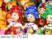 Gorodets, Russia - June 23rd, 2018. Traditional handicraft wooden souvenirs at street gift store near complex "City of Craftsmen" on the banks of the Volga River. Редакционное фото, фотограф Denis Vostrikov / Фотобанк Лори