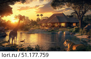 Safari lodge at sunset overlooking a waterhole with african wildlife and landscape. Стоковое AI-изображение, AI-художник Михаил Коханчиков / Фотобанк Лори