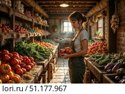 Женщина собирает овощи в rustic-магазине, окруженном свежими осенними продуктами. Стоковое AI-изображение, AI-художник Димитрова Наталья Ивановна / Фотобанк Лори