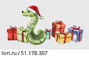 A whimsical green serpent wearing a Santa hat interacts playfully with a gift box amid a cheerful holiday atmosphere. Стоковое AI-видео, аниматор Данила Большаков / Фотобанк Лори