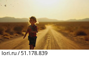 A young child explores a dusty road surrounded by vast desert as the sun sets, creating a beautiful, warm glow in the background. Стоковое AI-видео, аниматор Данила Большаков / Фотобанк Лори