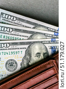 Closeup view of wallet with one hundred and fifty dollar banknotes. Стоковое фото, фотограф Denis Vostrikov / Фотобанк Лори