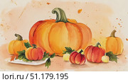 A colorful illustration showcases several pumpkins, highlighting their different shapes and sizes on a warm, autumn-inspired backdrop. Стоковое AI-видео, аниматор Данила Большаков / Фотобанк Лори