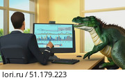 An unexpected animated dinosaur visits an office worker while he focuses on his computer during a bright afternoon. Стоковое AI-видео, аниматор Данила Большаков / Фотобанк Лори