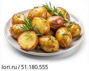 Baked Potatoes With Rosemary Sprigs on White Plate. Generative AI. Стоковое AI-изображение, AI-художник Roman Zavorotny / Фотобанк Лори