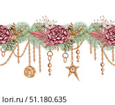 Roses pine feather chain pattern horizontal watercolor. Стоковая иллюстрация, иллюстратор Андрей Золотарев / Фотобанк Лори