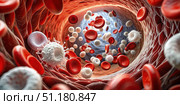 Microscopic View of Red Blood Cells and Platelets Flowing Through a Vein. Generative AI. Стоковое AI-изображение, AI-художник Roman Zavorotny / Фотобанк Лори