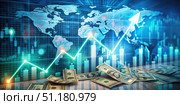 Global Financial Market Growth With Rising Dollar Bills. Generative AI. Стоковое AI-изображение, AI-художник Roman Zavorotny / Фотобанк Лори