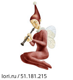 Little fairy elf plays the flute, with wings, in whimsical dark-red costume and sitting pose. Watercolor hand-drawn illustration for children books, kids room decoration, or printing on products, etc. Стоковая иллюстрация, иллюстратор Larisa Hamukova / Фотобанк Лори