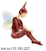Little fairy elf with wings, in whimsical dark-red costume and sitting pose. Watercolor hand drawn illustration for children books, kids room decoration, or printing on childrens products. Стоковая иллюстрация, иллюстратор Larisa Hamukova / Фотобанк Лори